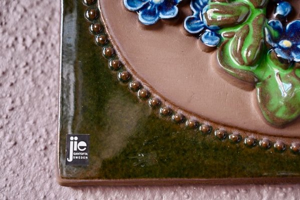 Swedish Ceramic Wall Plaque with Flowers by Jie Gantofta for sale