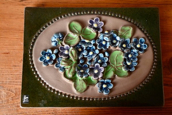 Swedish Ceramic Wall Plaque with Flowers by Jie Gantofta for sale