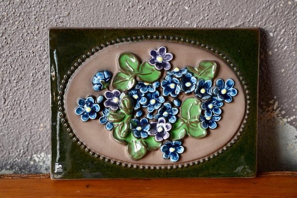 Swedish Ceramic Wall Plaque with Flowers by Jie Gantofta for sale