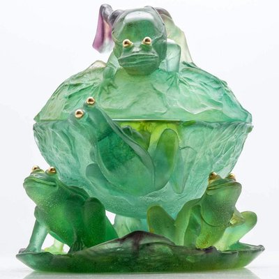 Daum France ドームフランス　蓮の葉カエル Green Art Glass Bowl with Frogs from Daum, France, 1970s for sale