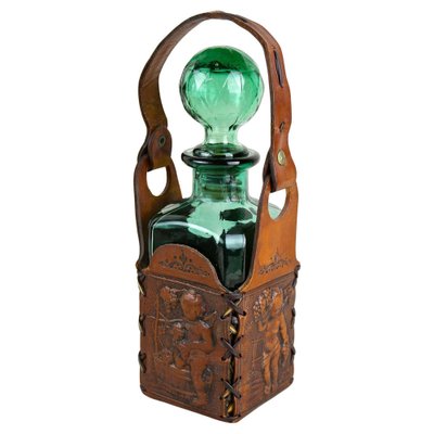 Mid-Century Green Glass Decanter with Embossed Leather Case, 1960s