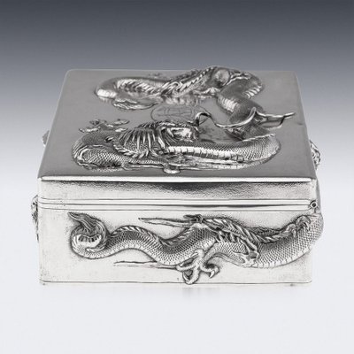 Antique 20th Century Chinese Silver Dragon Cigar Box, Shanghai