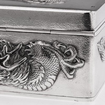 Antique 20th Century Chinese Silver Dragon Cigar Box, Shanghai