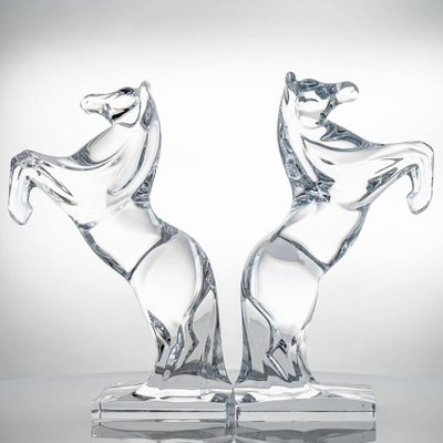 Clear Crystal Glass Rearing Horses Sculptures from Daum, France