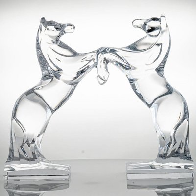 Clear Crystal Glass Rearing Horses Sculptures from Daum, France