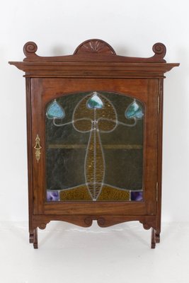 French Antique Art Nouveau Walnut Wall Cabinet With Stained Glass