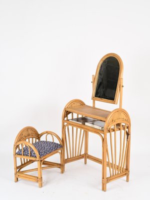 Italienischer Schminktisch mit Stuhl aus Bambus & Rattan, Vivai del Sud  zugeschrieben, 1970er, 2er Set bei Pamono kaufen