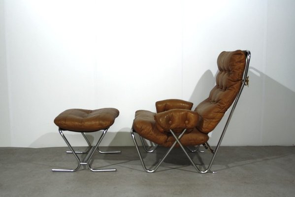 Mid Century Cognac Leather Tubular Chrome Lounge Chair With Ottoman Mid Century Cognac Leather Tubular Chrome Lounge Chair With Ottoman