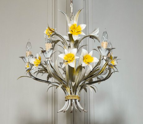 Italian Metal Lilies Tole Chandelier, 1960s for sale at Pamono