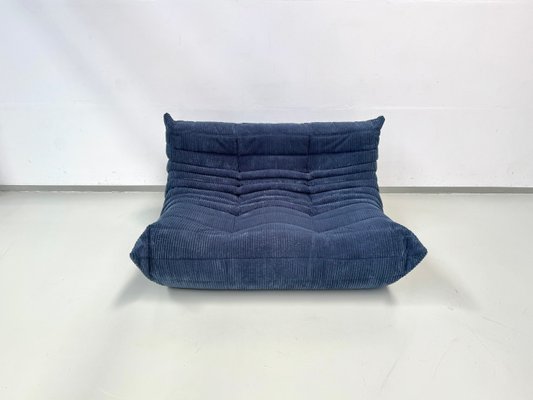 French Togo 2-Seater Sofa in Blue Corduroy attributed Michel