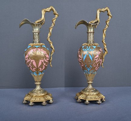 Napoleon III Bronze and Cloisonné Enamel Ewers, Mid-19th Century