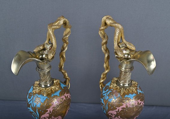 Napoleon III Bronze and Cloisonné Enamel Ewers, Mid-19th Century
