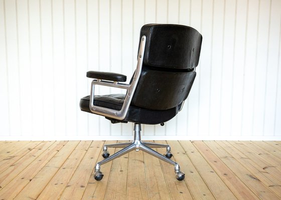 Mid-Century Time Life Desk Chair in Black Leather and Aluminium by