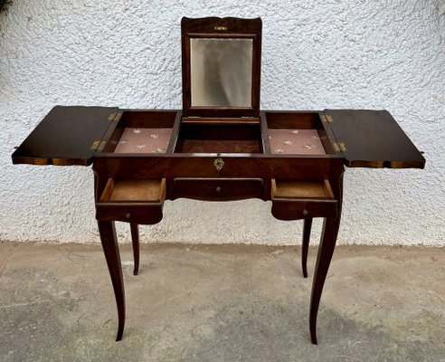Vintage French Vanity Table with Folding Compartments and Mirror, 1920 for sale at Pamono Vintage French Vanity Table with Folding Compartments and Mirror, 1920 for sale at Pamono