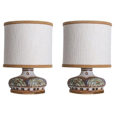 Ceramic Axella Lamps in Light Blue and Brown with Custom Shades