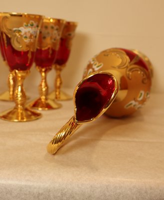 Decanter Set with Glasses in Red Murano Glass and Pure Gold Hand
