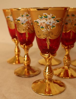 Decanter Set with Glasses in Red Murano Glass and Pure Gold Hand