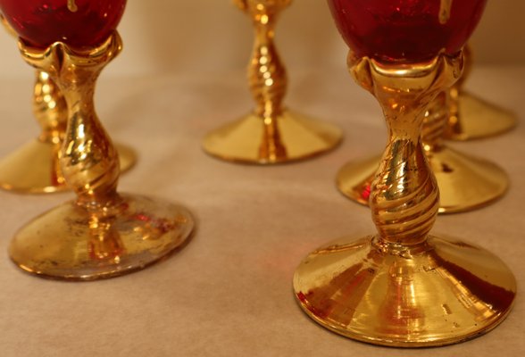 Decanter Set with Glasses in Red Murano Glass and Pure Gold Hand