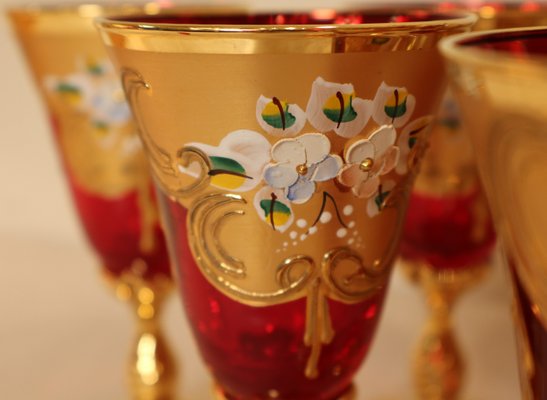 Decanter Set with Glasses in Red Murano Glass and Pure Gold Hand