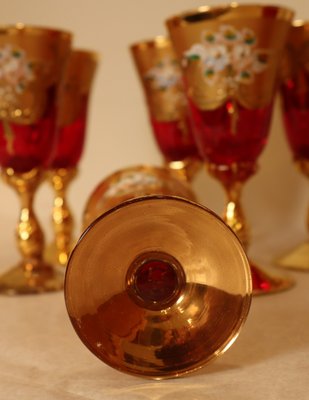 Decanter Set with Glasses in Red Murano Glass and Pure Gold Hand