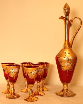 Decanter Set with Glasses in Red Murano Glass and Pure Gold Hand