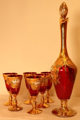 Murano Glass 赤金 デキャンタとグラスセット Decanter Set with Glasses in Red Murano Glass and Pure Gold Hand