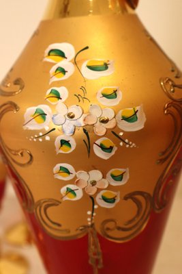 Karaffenset mit Gläsern aus rotem Muranoglas & handbemaltem