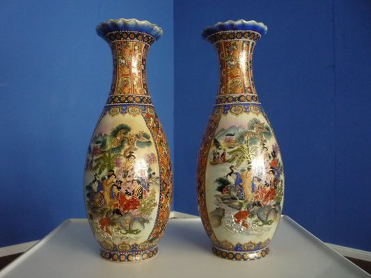 Chinese Porcelain Vases With Enamel Painting 1950s Set Of 2 For