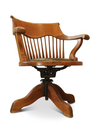 Victorian Oak Fan Back Revolving Desk Chair with Racing Green