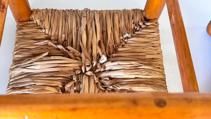 French Wood and Woven Straw Stool in the style of Charlotte