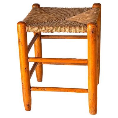 French Wood and Woven Straw Stool in the style of Charlotte