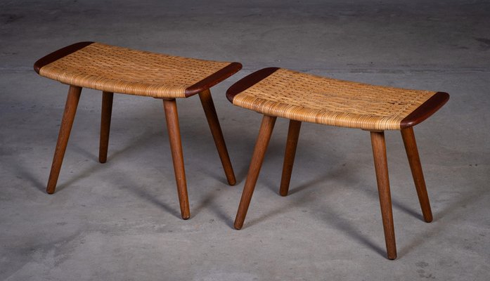 Teak and Woven Stools, Denmark, 1960s, Set of 2 for sale at Pamono