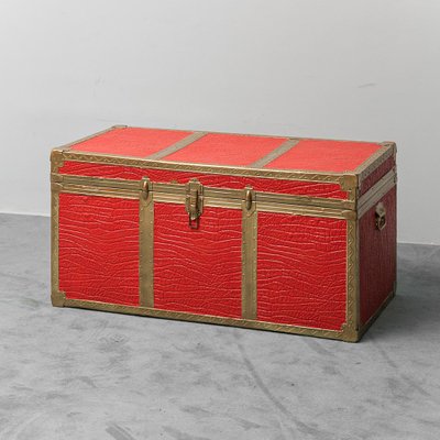 Gold-Plated Metal and Red Leather Trunk, 1950s for sale at Pamono