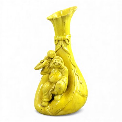 Large Shiwan Yellow-Glazed Hotei Figure Vase, Late 19th Century