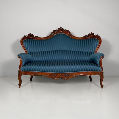 Italian Louis XVI Style Wood and Blue Striped Fabric Sofa, 1930s