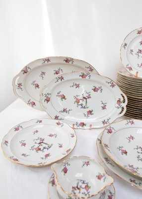 French Limoges Porcelain Dinnerware Set with Bird of Paradise