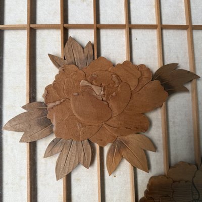 Japanese Wooden Two-Panel Screen with Shishi and Peonies, 1940s