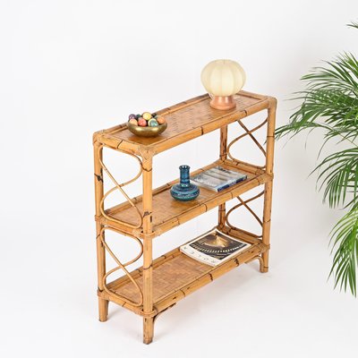 French Riviera Étagère or Console Table in Bamboo and Rattan, Italy, 1970s