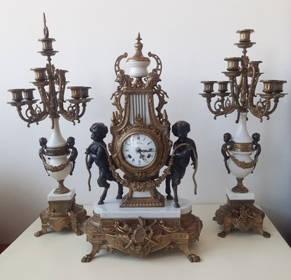 Lancini Clock with Louis XVI Style Candlesticks, 1940s, Set of 3