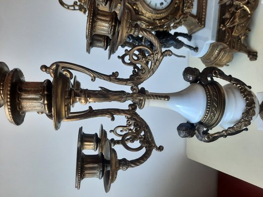 Lancini Clock with Louis XVI Style Candlesticks, 1940s, Set of 3 Lancini Clock with Louis XVI Style Candlesticks, 1940s, Set of 3