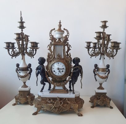 Lancini Clock with Louis XVI Style Candlesticks, 1940s, Set of 3
