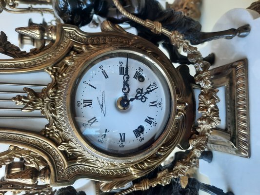 Lancini Clock with Louis XVI Style Candlesticks, 1940s, Set of 3