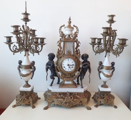 Lancini Clock with Louis XVI Style Candlesticks, 1940s, Set of 3