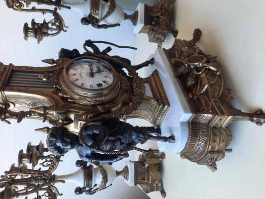 Lancini Clock with Louis XVI Style Candlesticks, 1940s, Set of 3 Lancini Clock with Louis XVI Style Candlesticks, 1940s, Set of 3