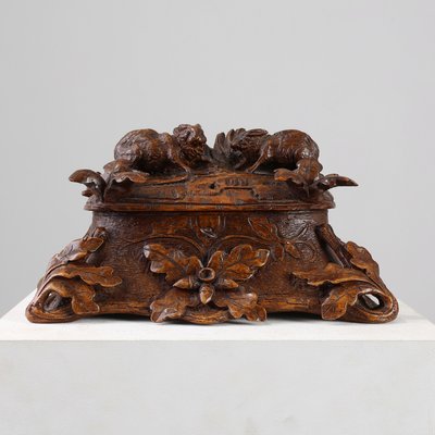 Antique Swiss Black Forest Hand-Carved Jewelry Box in Oak, 1800s