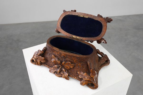 Antique Swiss Black Forest Hand-Carved Jewelry Box in Oak, 1800s