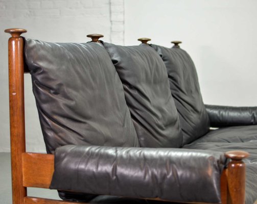 Scandinavian Black Leather Three Seat Sofa 1960s for sale at Pamono