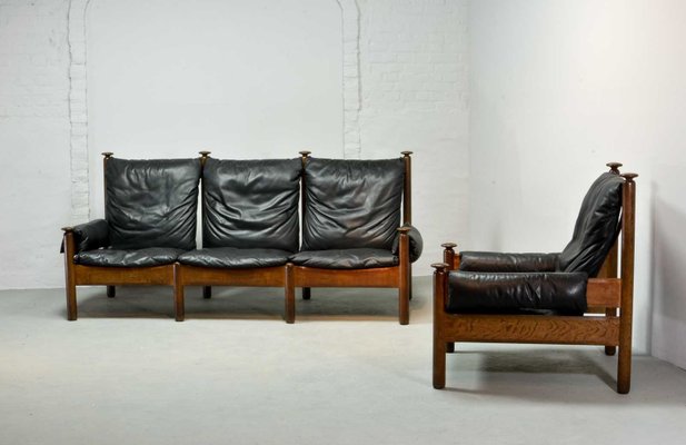 Mid Century Scandinavian Black Leather, Modern Black Leather Sofa Set