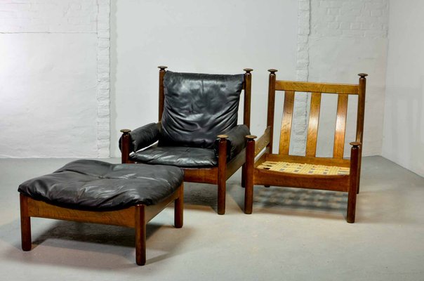 Mid Century Scandinavian Black Leather, Wood And Leather Sofa Set