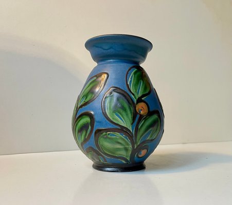Art Deco Blue Glazed Vase with Flowers by Herman August Kähler